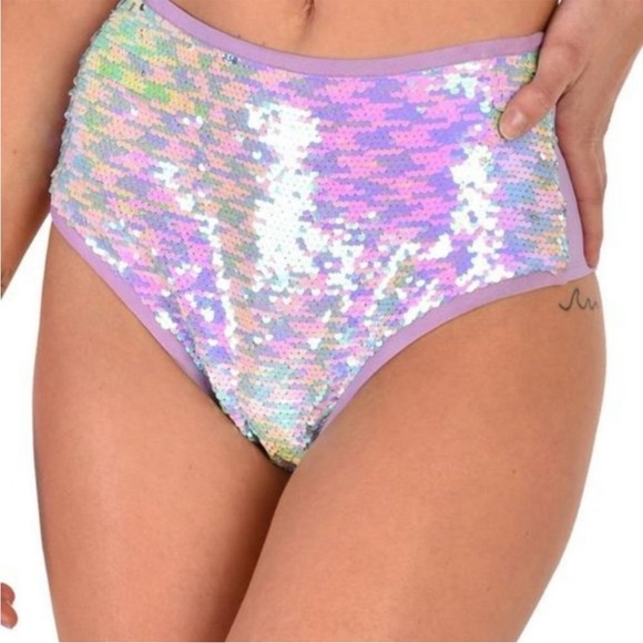 NWT iHeartRaves Purple Flip Sequin Pretty Pixie Triangle Top & Bottoms Rave Set - Picture 13 of 15